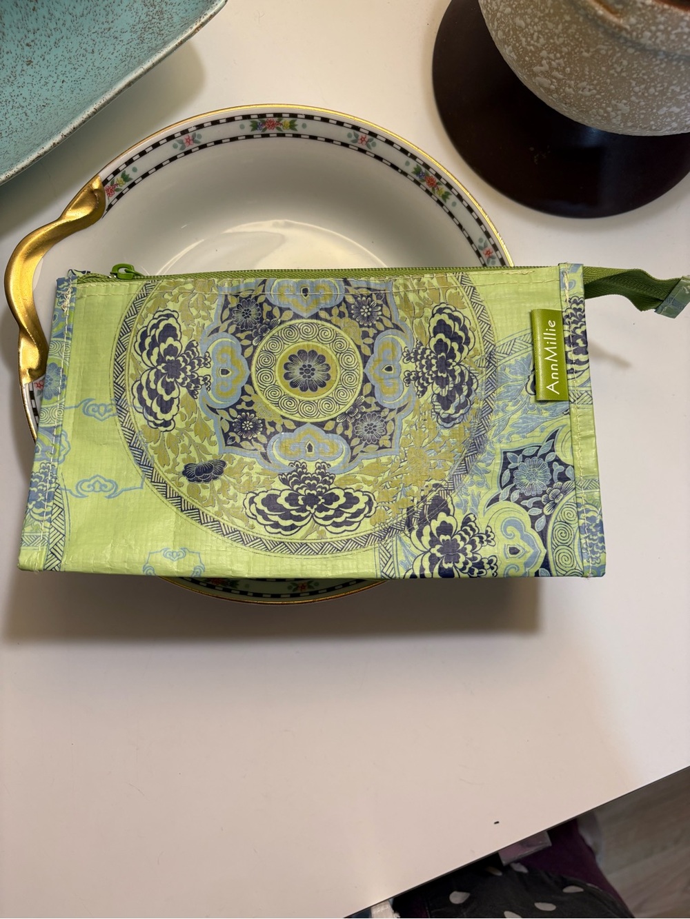 Light Green Floral Wristlet Cosmetic Pouch